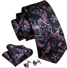 Load image into Gallery viewer, Men's Black Pink Silk Necktie Pocket Square Set