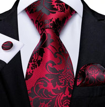 Load image into Gallery viewer, Men's Black Red Silk Necktie Pocket Square Set