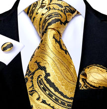 Load image into Gallery viewer, Men's Gold Black Silk Necktie Pocket Square Set
