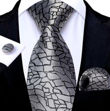 Load image into Gallery viewer, Men's Black Silver Necktie Pocket Square Cufflink Set