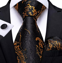 Load image into Gallery viewer, Men's Black Gold Silk Necktie Pocket Square Set