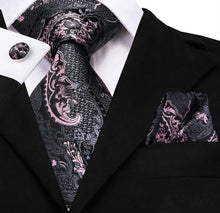 Load image into Gallery viewer, Men's Grey Pink Necktie Pocket Square Cufflink Set