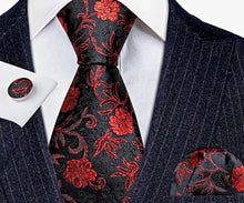 Load image into Gallery viewer, Men's Black Red Silk Necktie Pocket Square Set