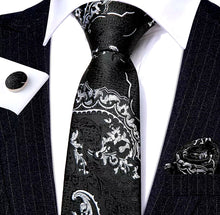 Load image into Gallery viewer, Men's Black White Necktie Pocket Square Cufflink Set