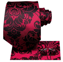 Load image into Gallery viewer, Men's Black Red Silk Necktie Pocket Square Set