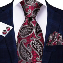 Load image into Gallery viewer, Men's Burgundy Pewter Paisley Silk Necktie Set