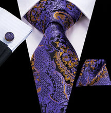 Load image into Gallery viewer, Purple Gold Necktie Pocket Square Cufflink Set