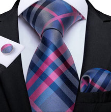 Load image into Gallery viewer, Men's Fuchsia Blue Plaid Silk Necktie Set