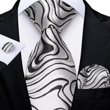 Load image into Gallery viewer, Men's Black Silver Necktie Pocket Square Cufflink Set