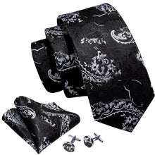 Load image into Gallery viewer, Men's Black White Necktie Pocket Square Cufflink Set