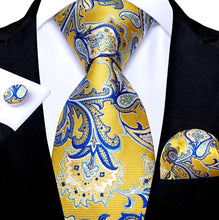 Load image into Gallery viewer, Men's Yellow Blue Silk Necktie Pocket Square Set