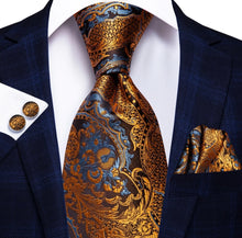 Load image into Gallery viewer, Men's Gold Blue Silk Necktie Pocket Square Set