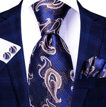 Load image into Gallery viewer, Men's Blue Brown Silk Necktie Pocket Square Set
