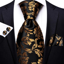 Load image into Gallery viewer, Men's Black Gold Silk Necktie Pocket Square Set