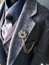 Load image into Gallery viewer, Blue Stone Crystal Lapel Pin with Gold Chain