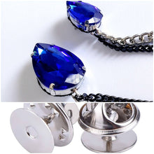 Load image into Gallery viewer, Royal Blue Crystal Lapel Pin with Black/Silver Chains
