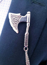 Load image into Gallery viewer, Silver Axe Lapel Pin with Silver Chains/Black Brooch