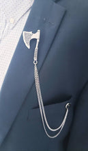 Load image into Gallery viewer, Silver Axe Lapel Pin with Silver Chains/Black Brooch