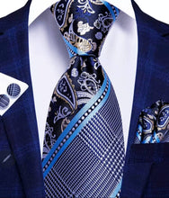 Load image into Gallery viewer, Men's Blue Silk Necktie Pocket Square Cufflink Set
