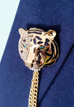 Load image into Gallery viewer, Crystal Tiger Lapel Pin with 2 Gold or Silver Chains