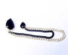 Load image into Gallery viewer, Elegant Black Crystal Lapel Pin with Gold/Black Chains