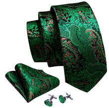 Load image into Gallery viewer, Green Brown Necktie Pocket Square Cufflink Set