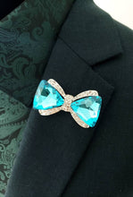 Load image into Gallery viewer, Crystal Bow Lapel Pin with 3 Silver Chains