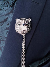 Load image into Gallery viewer, Crystal Tiger Lapel Pin with 2 Gold or Silver Chains