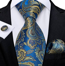 Load image into Gallery viewer, Men's Blue Gold Floral Silk Necktie Set