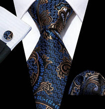 Load image into Gallery viewer, Men's Blue Gold Floral Silk Necktie Set