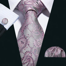 Load image into Gallery viewer, Men's Grey Pink Silk Necktie Pocket Square Set