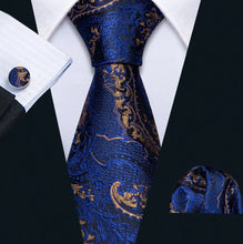 Load image into Gallery viewer, Men's Blue Gold Necktie Pocket Square Cufflink Set