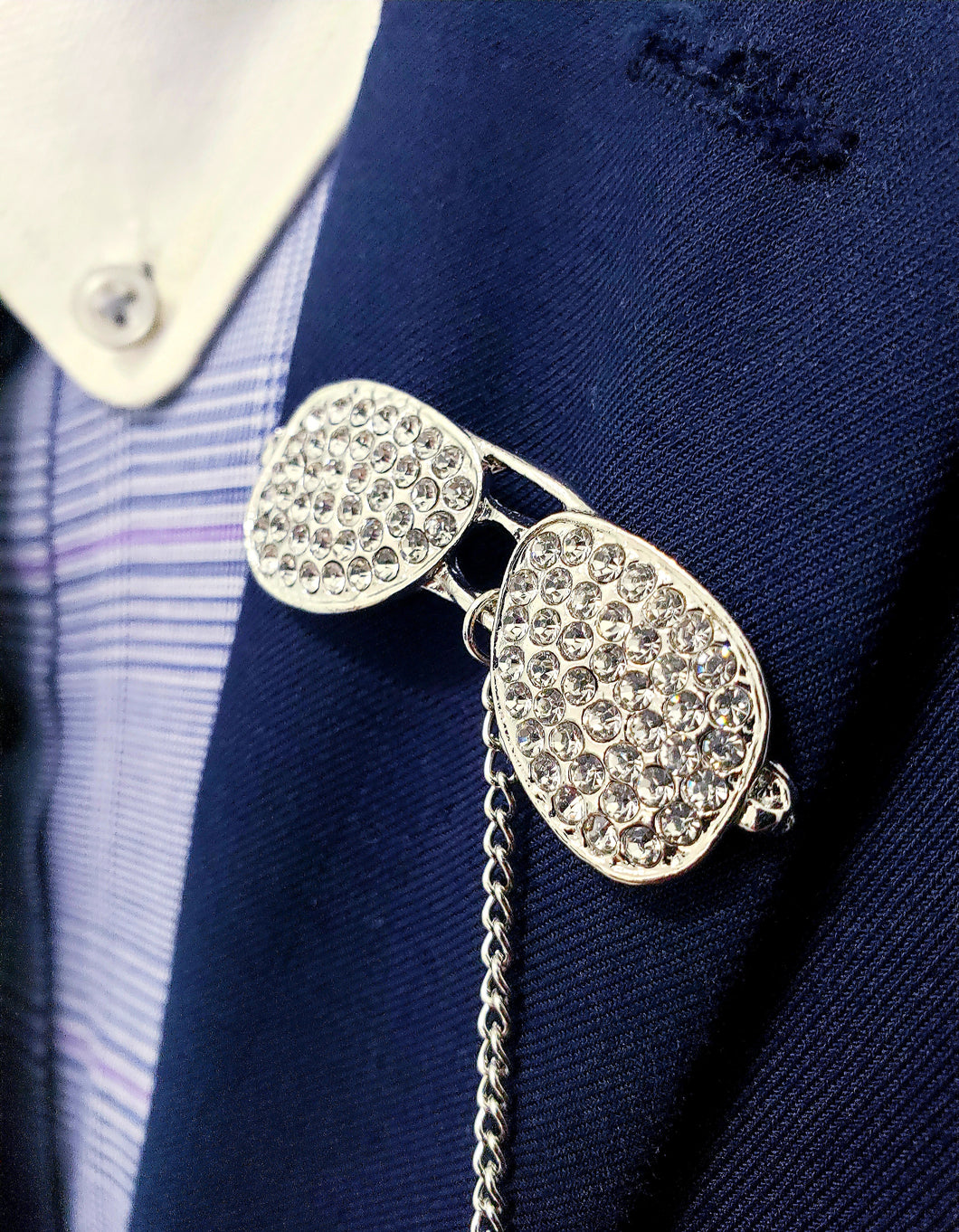 Crystal Rhinestone Aviator Sunglasses Lapel Pin with Chain