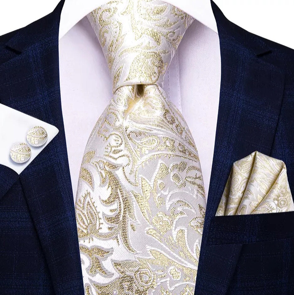 Men's Gold White Floral Necktie Set | Adrian's Ties and More Men's Gold White Floral Necktie Set | Adrian's Ties and More