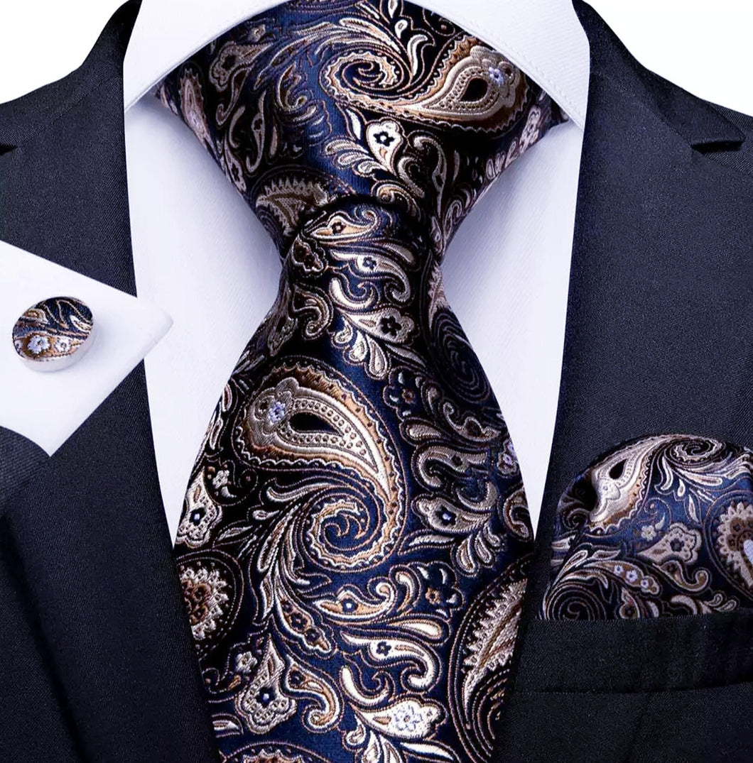 Men's Blue Brown Silk Necktie Pocket Square Set