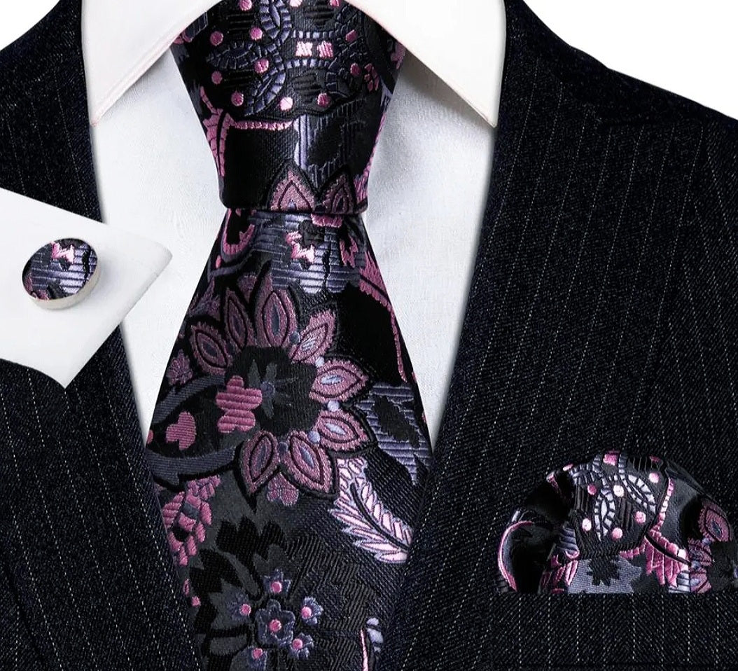 Men's Black Pink Silk Necktie Pocket Square Set | Adrian's Ties and More Men's Black Pink Silk Necktie Pocket Square Set | Adrian's Ties and More