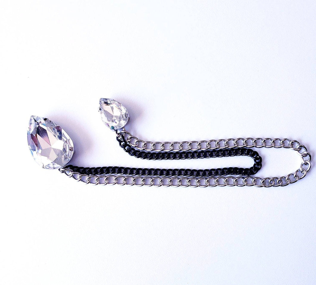 Clear Crystal Lapel Pin with Black/Silver Chain