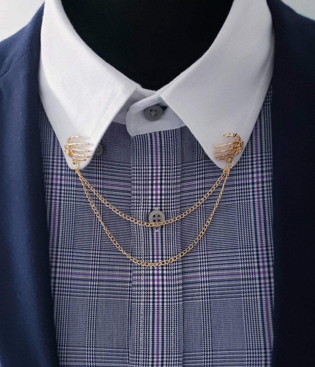 Double Chain Skeleton Hands Collar Pin 