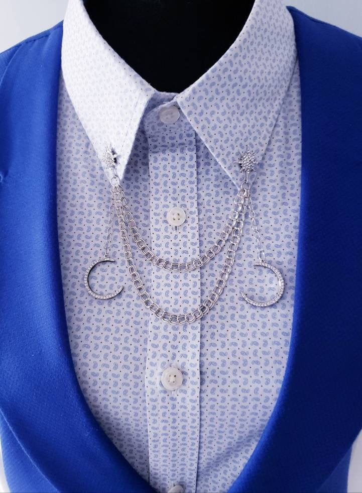 Crystal Crescent Moon Dangles Collar Pin 
