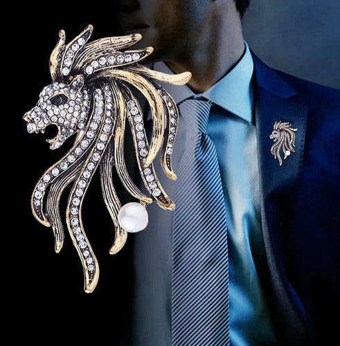 Crystal Lion Rhinestone Pearl Lapel Brooch Shirt Pin 