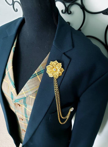 Flower Crystal Lapel Pin with 2 Gold or Silver Chains