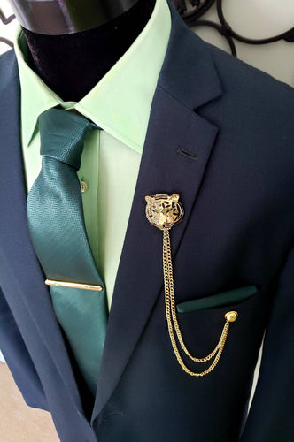 Crystal Tiger Lapel Pin with 2 Gold or Silver Chains 