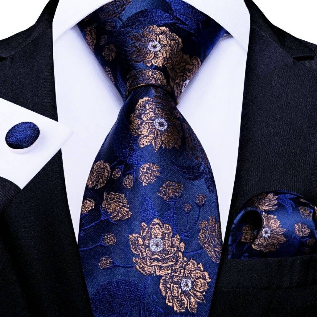 Men's Blue Gold Necktie Pocket Square Cufflink Set