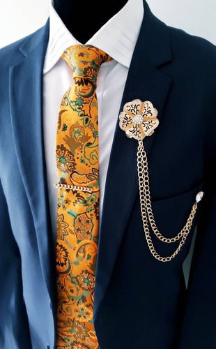 Elegant Flower Crystal Lapel Pin with 2 Gold Chains 