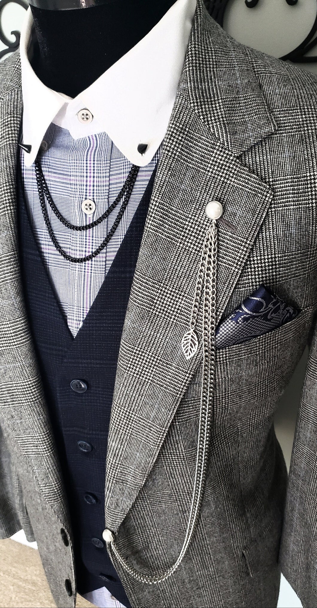 Extra Long Pearl Lapel Pin with Silver Chains 