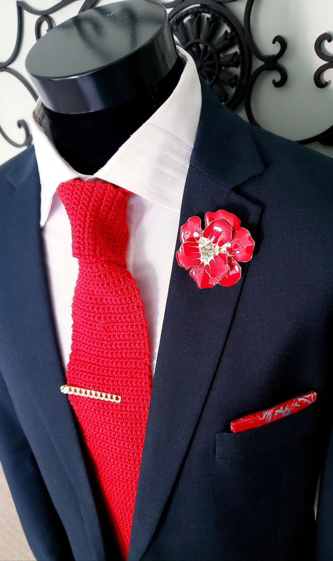 Clear Crystal Red Flower Brooch Pin