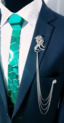 Crystal Lion Lapel Pin with 4 Silver Chains
